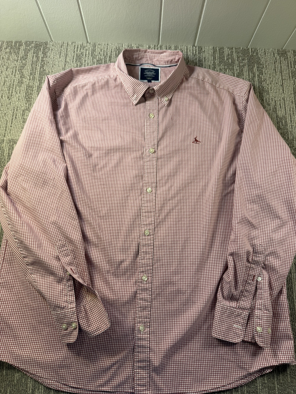 Charles Tyrwhitt Dress Shirt Mens 2XL Red Gingham Classic Fit Non Iron Cotton LS
